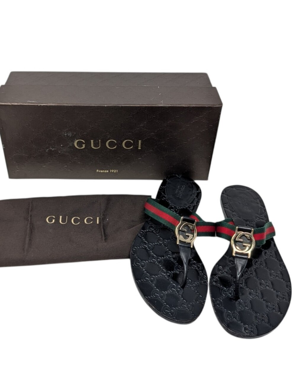 Gucci Black Lifford Web Interlocking G GG Thong Flip Flop Sandals Size EU 38.5